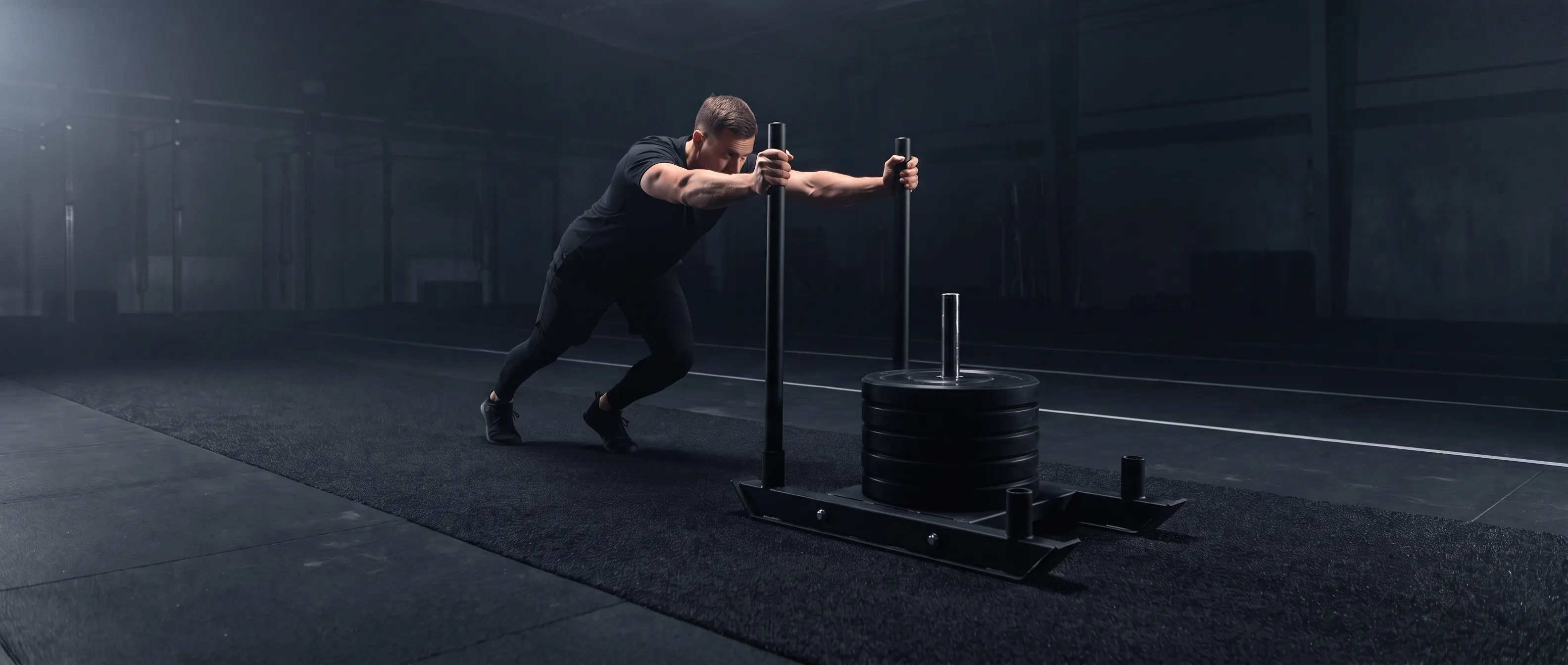 Athlete driving a HYROX sled push down an indoor competition lane.