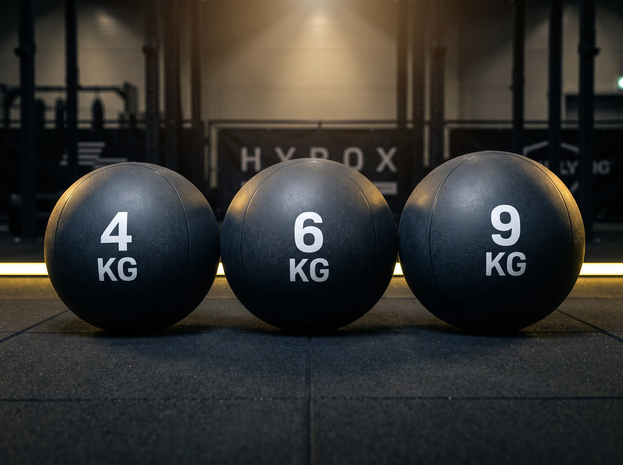 Three identical-size HYROX wall balls labeled 4 kg, 6 kg, and 9 kg, showing that only the weight changes between divisions, not the ball size