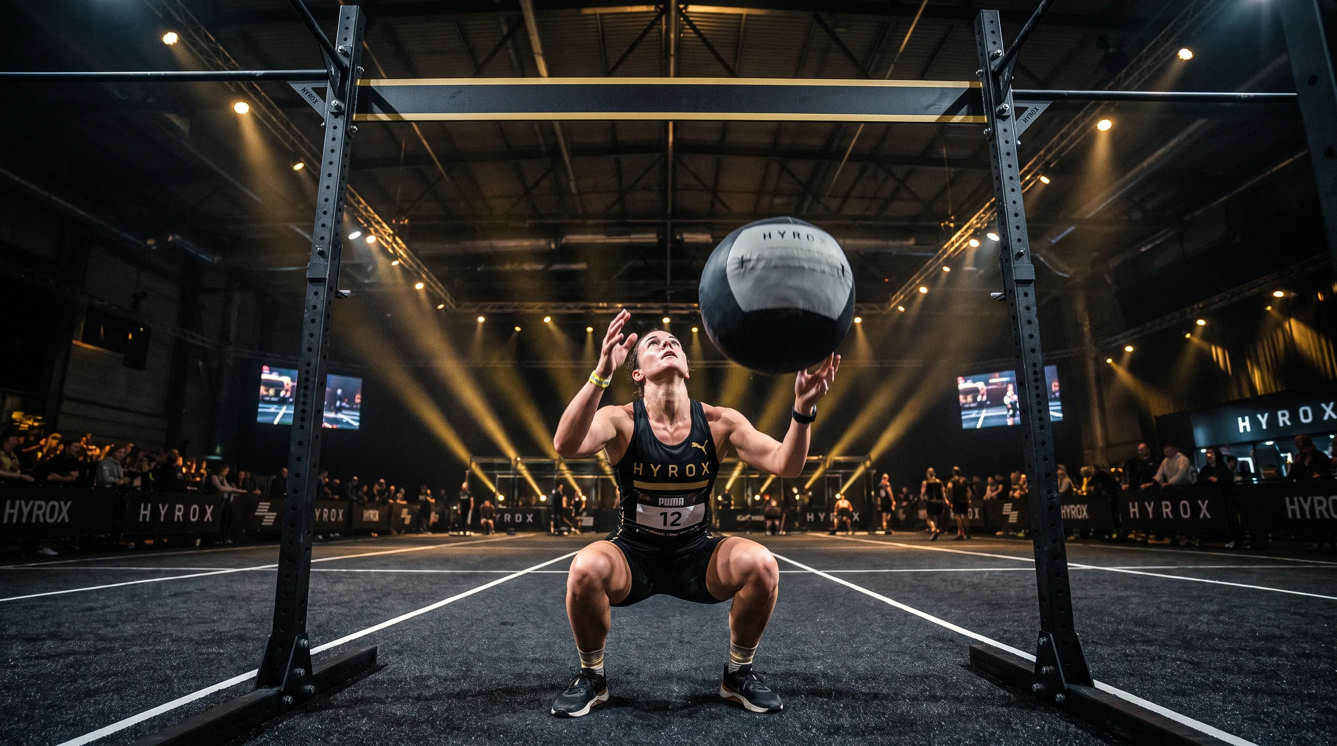 HYROX athlete throwing a wall ball to the target during the final race station