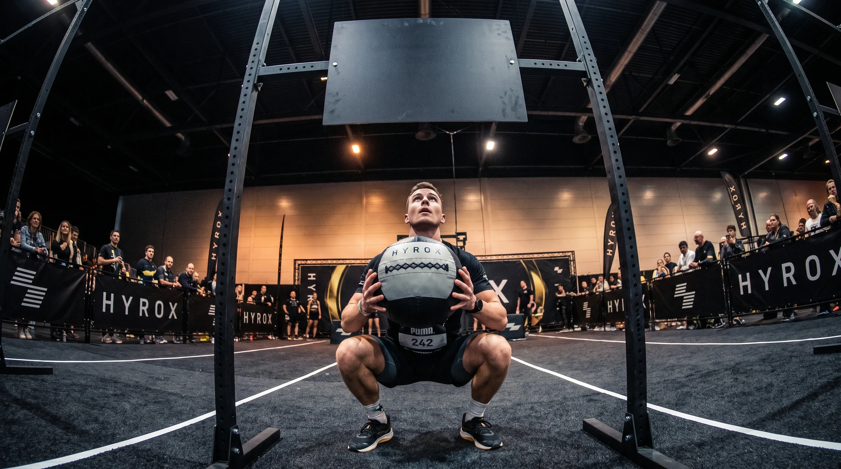 Athlete demonstrating correct below-parallel wall ball squat depth and target height for HYROX
