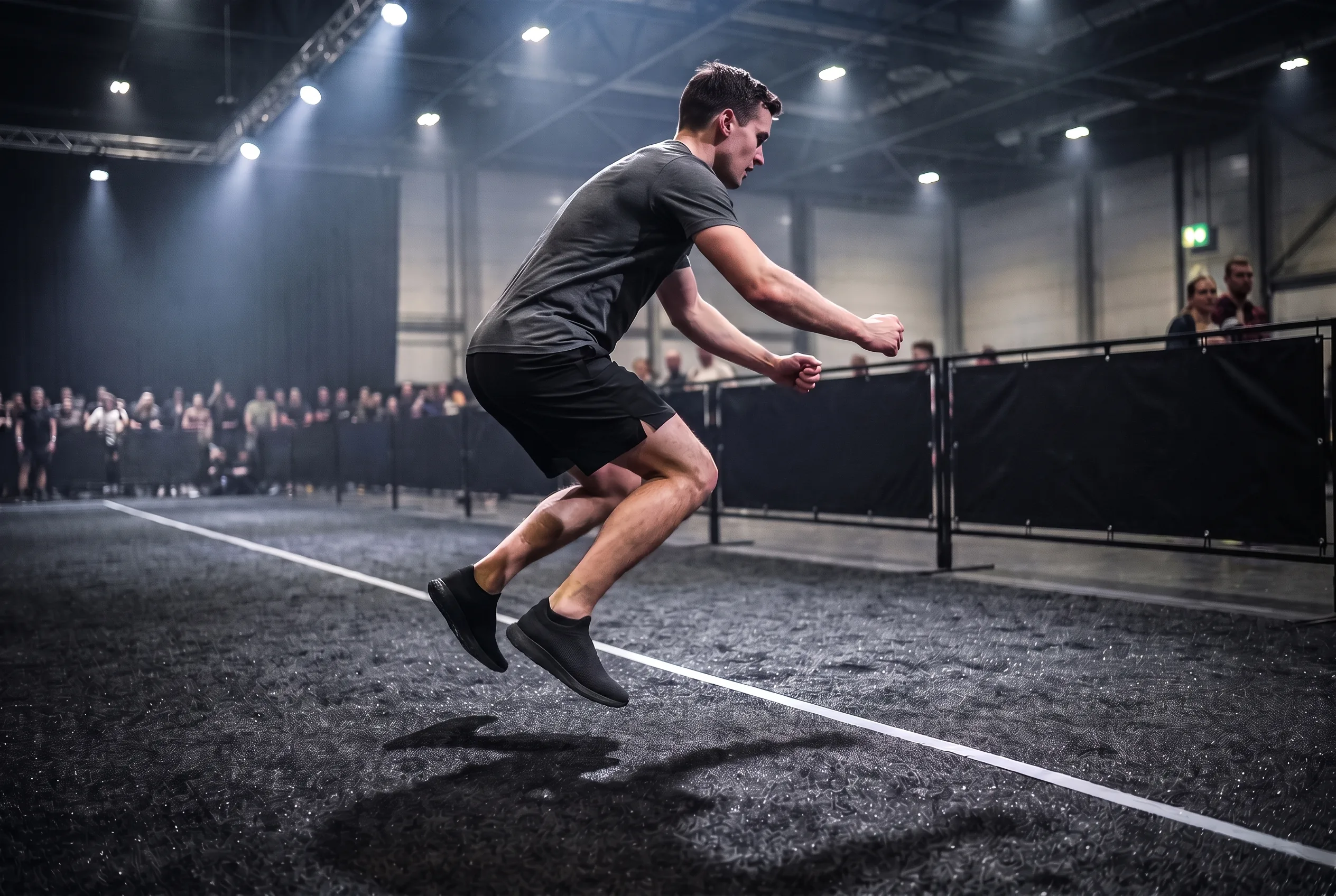 Athlete mid two-footed broad jump on a bare HYROX competition turf lane