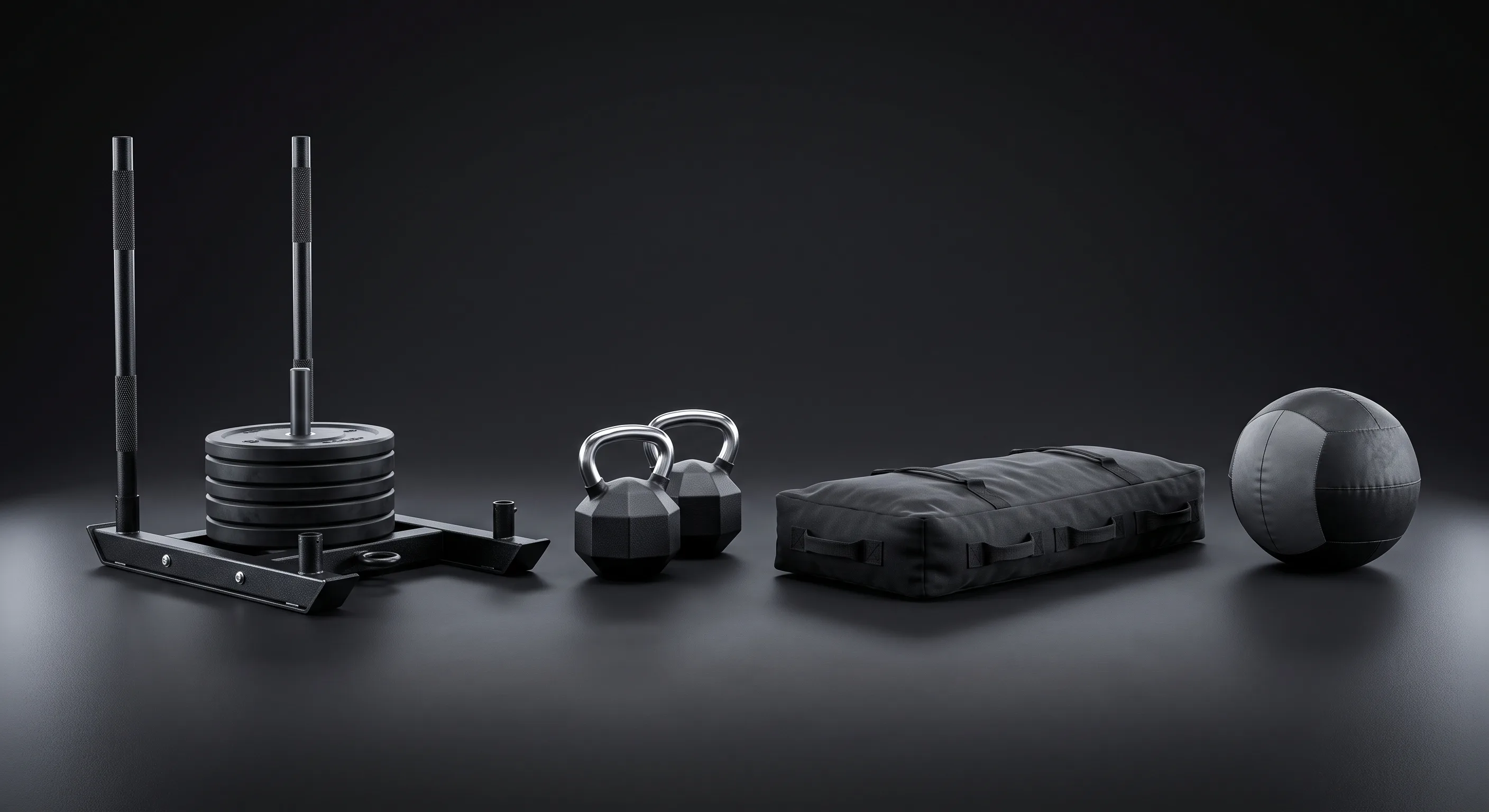 HYROX station equipment for men including sled kettlebells sandbag and wall ball on black