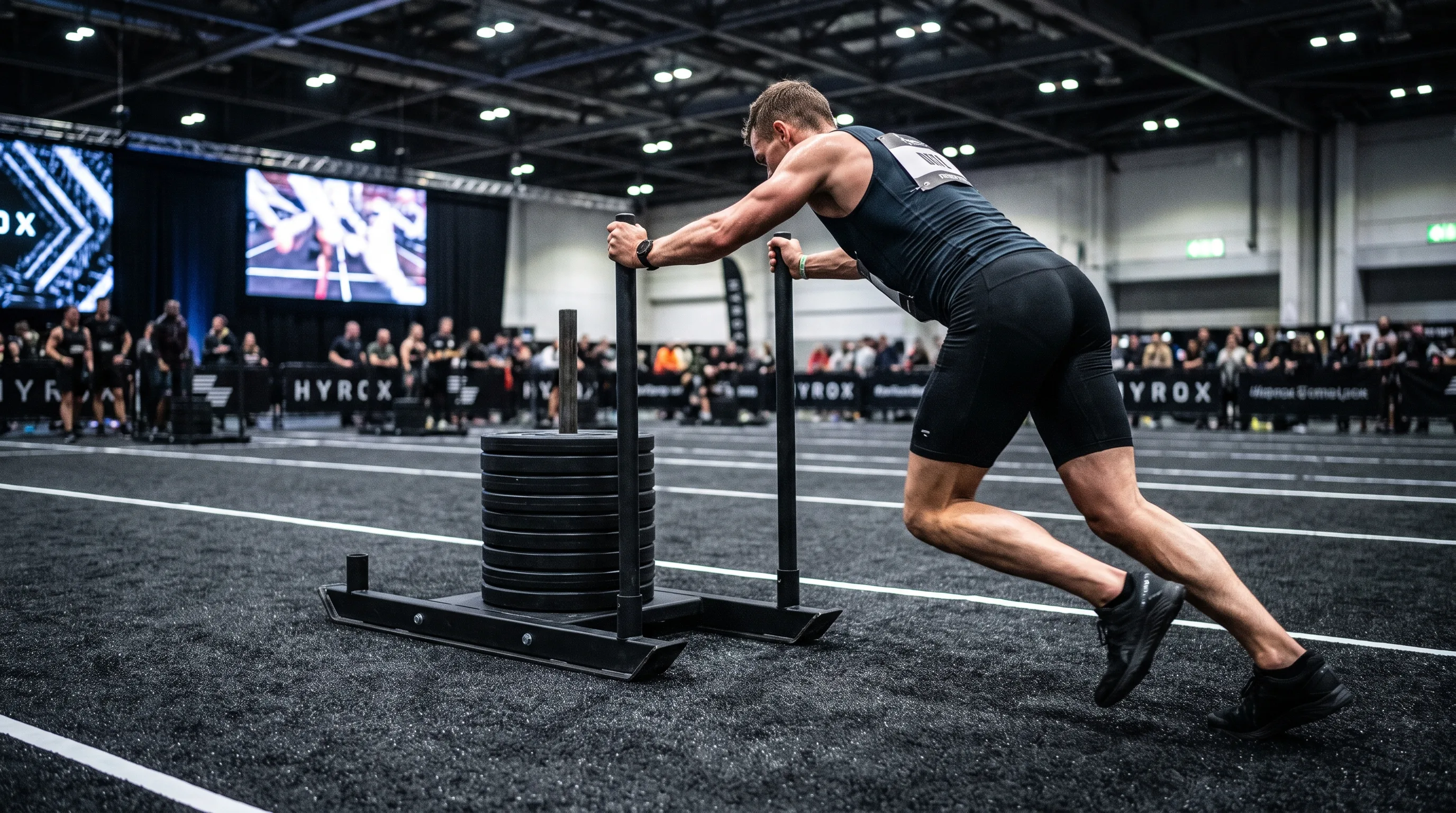 Male HYROX athlete pushing a loaded competition sled on a dark race floor