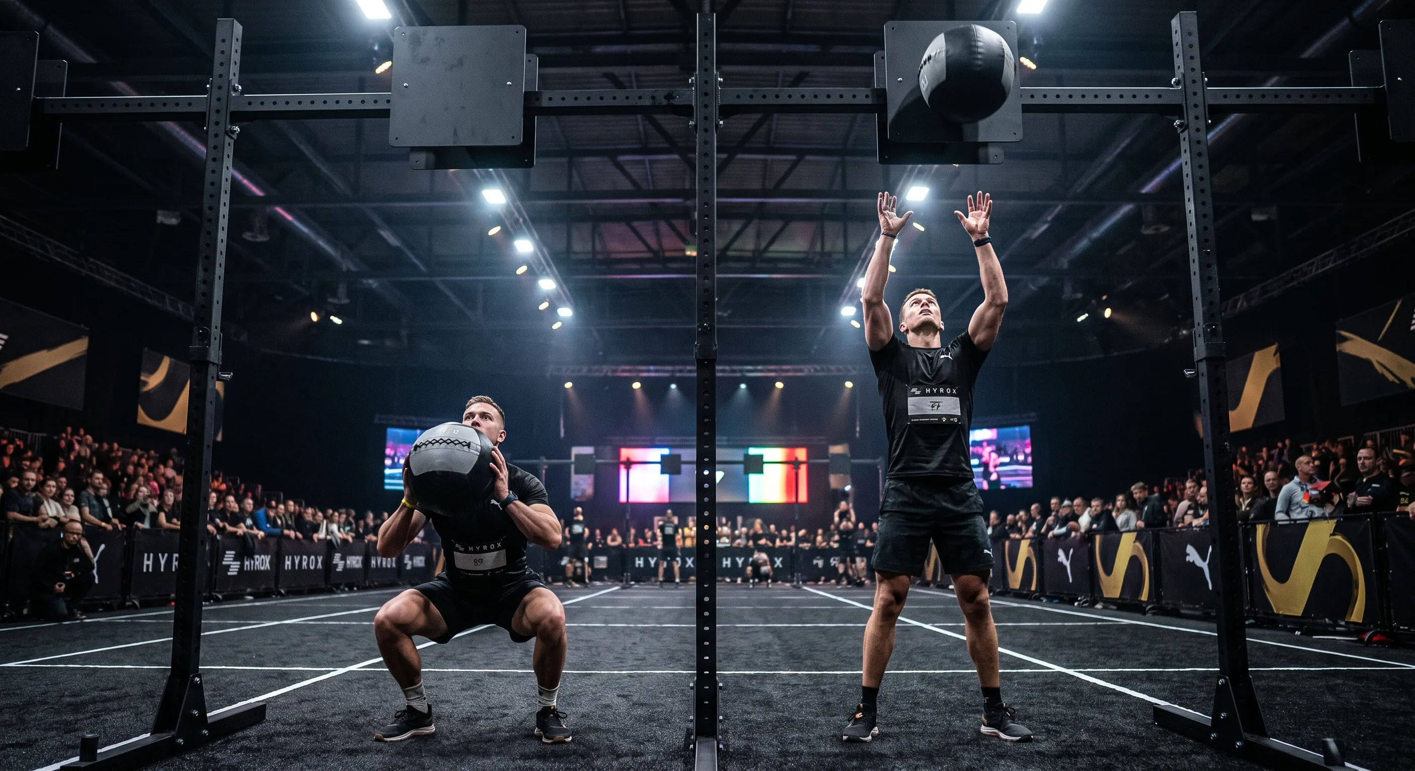 Two male HYROX athletes performing wall balls toward an overhead target in a dark arena