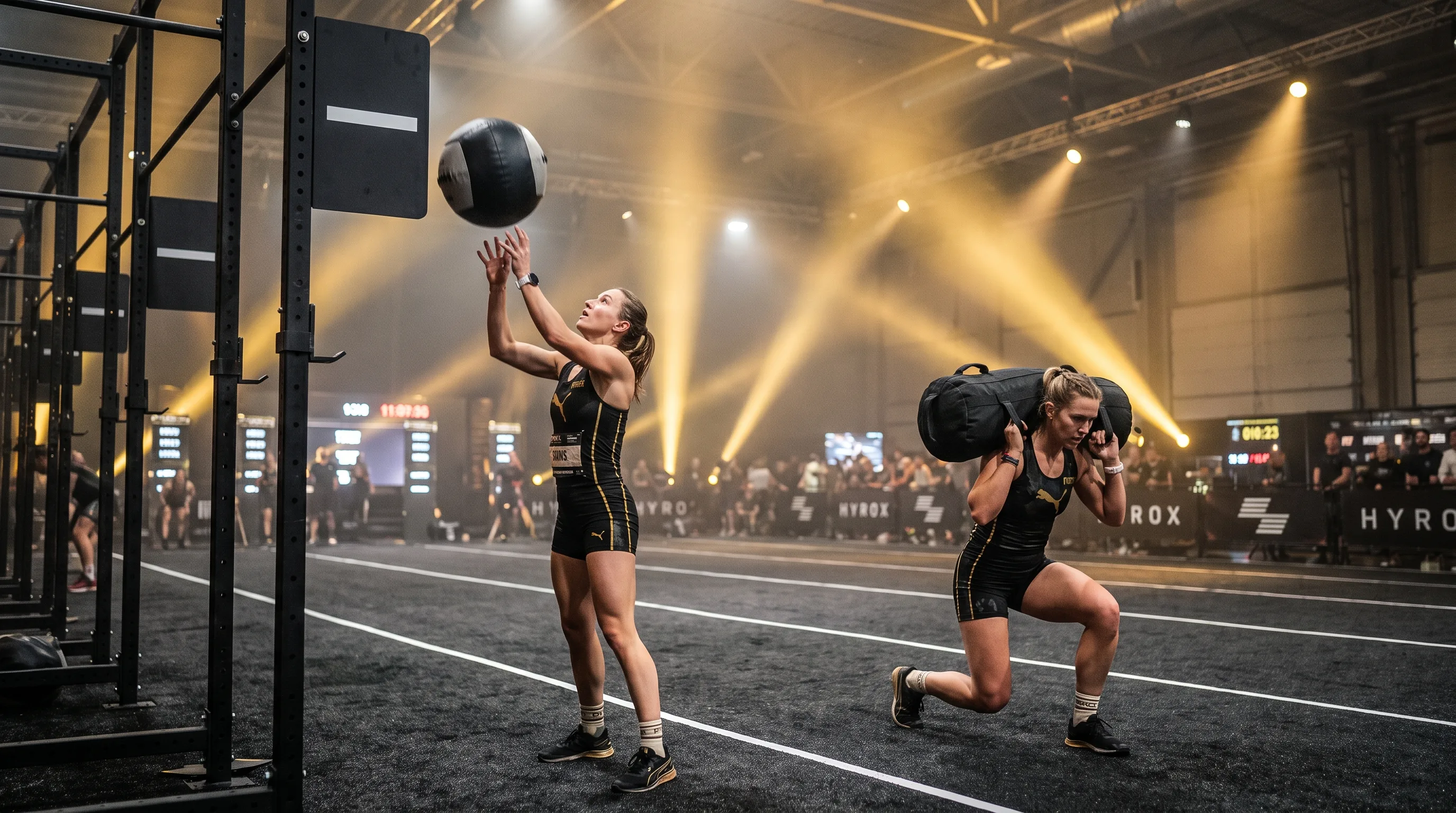 Two women athletes performing HYROX wall balls and sandbag lunges under dark gold lighting
