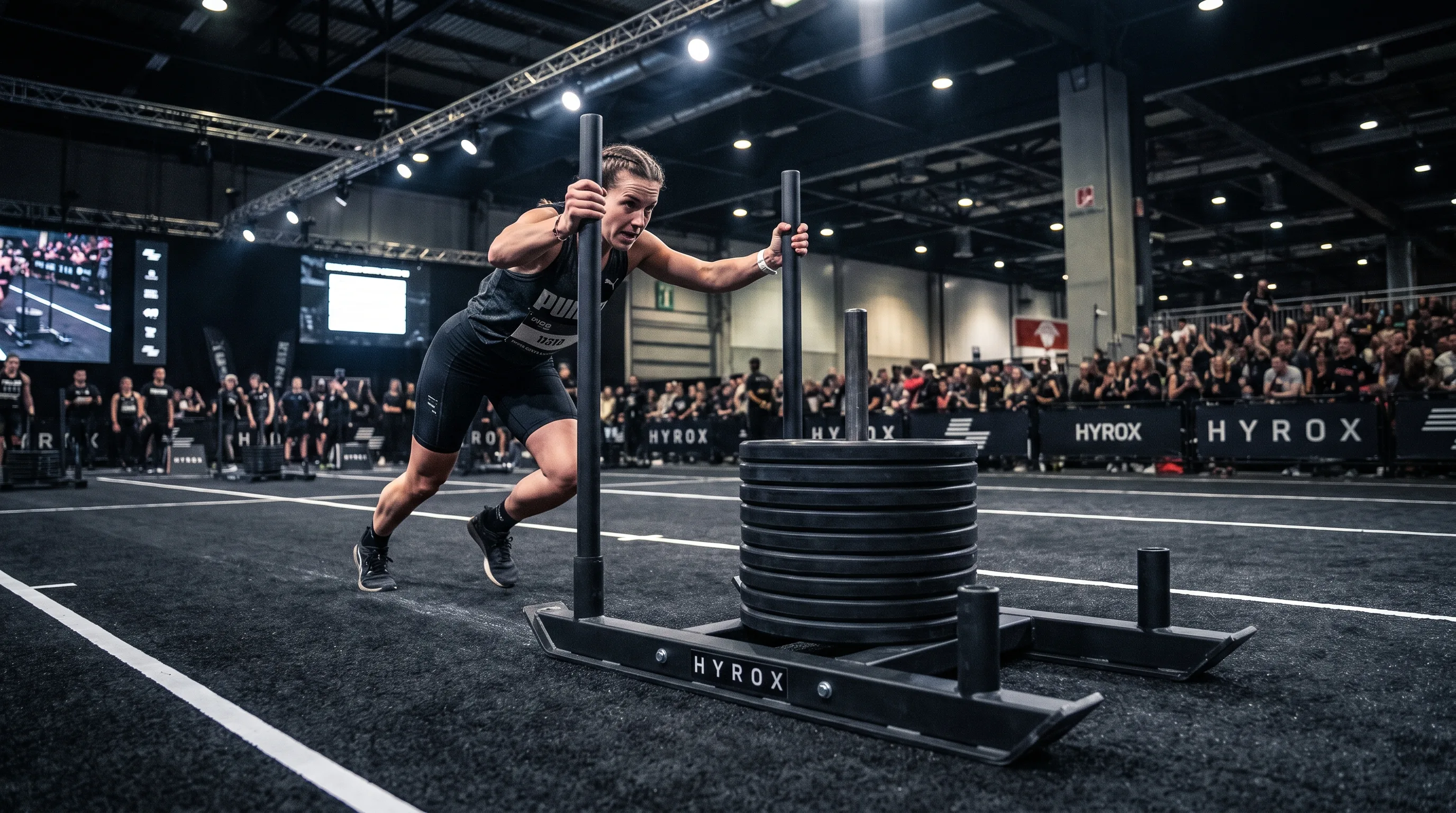 Woman pushing a loaded HYROX competition sled across a dark race floor