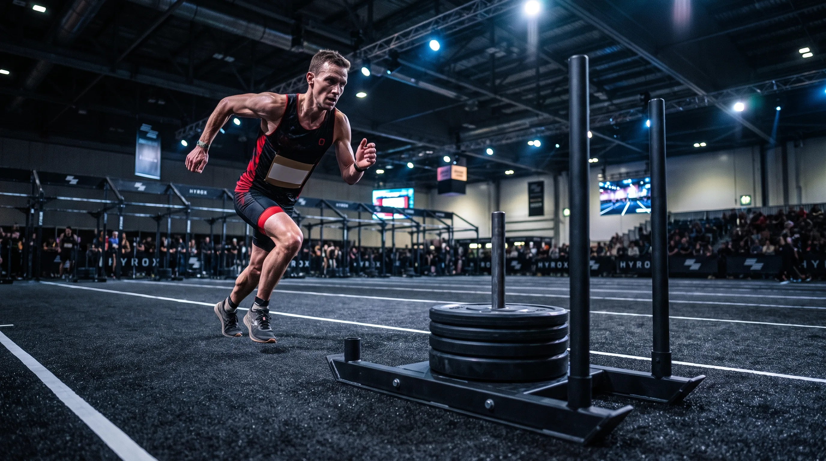 Hybrid athlete transitioning from run lane to weighted station on a dark HYROX race floor