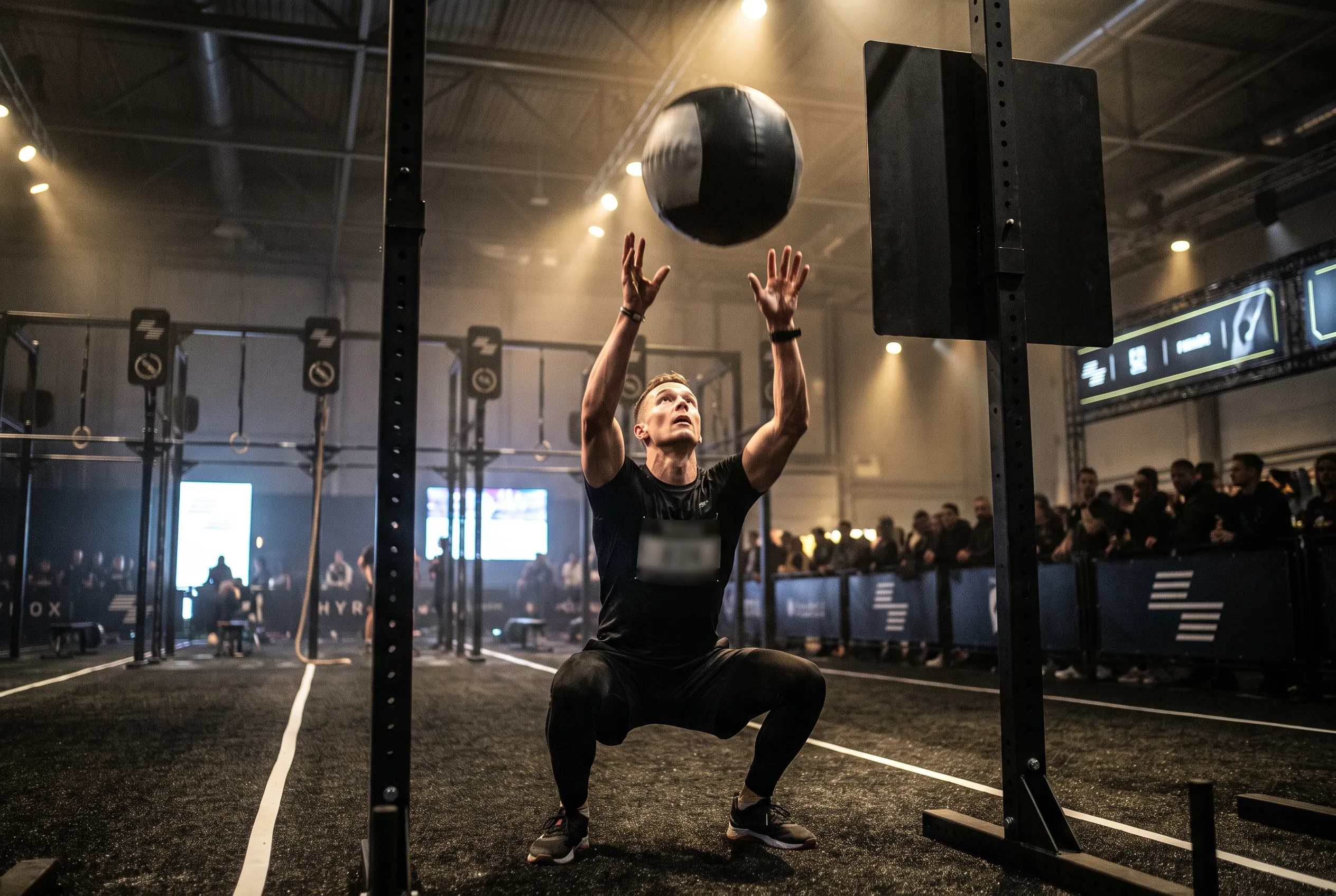 Athlete throwing a wall ball to a high target under warm gold arena light
