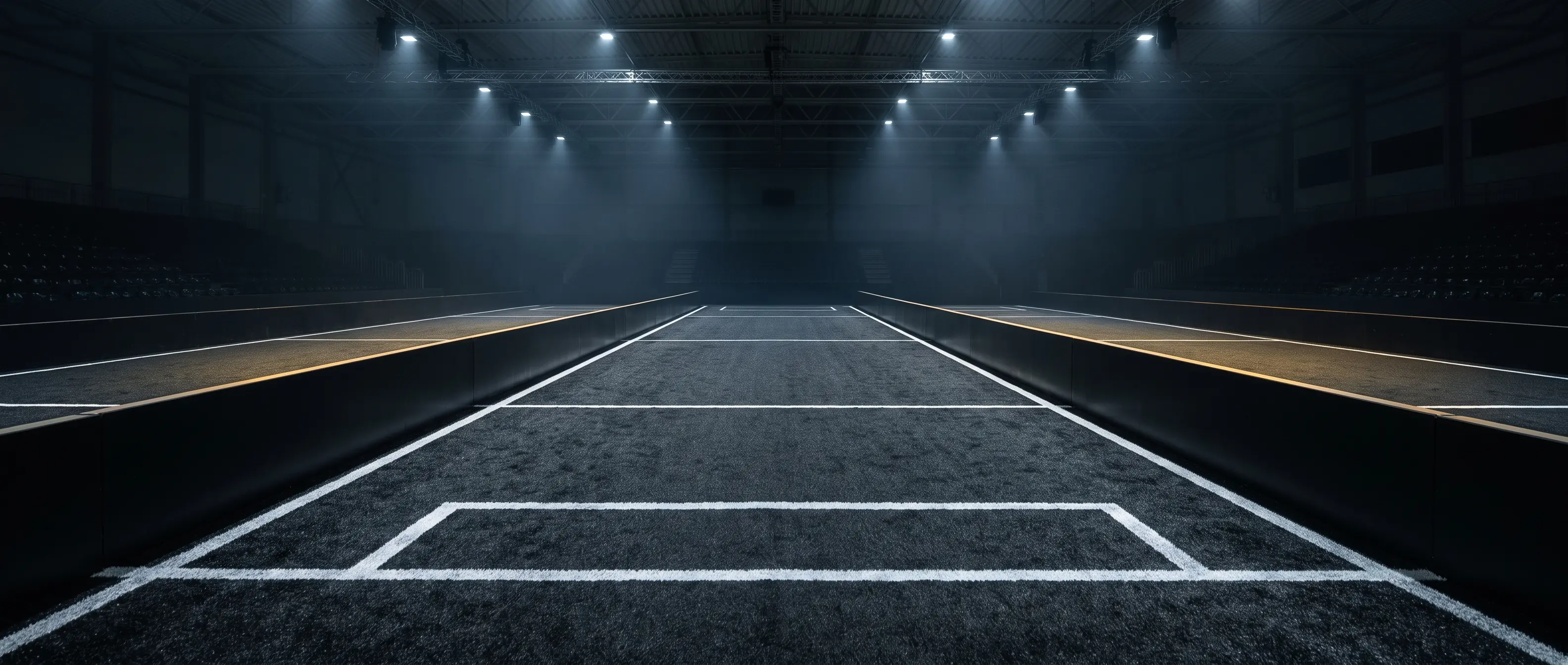 An empty HYROX race lane of dark turf runs between low barriers under arena spotlights