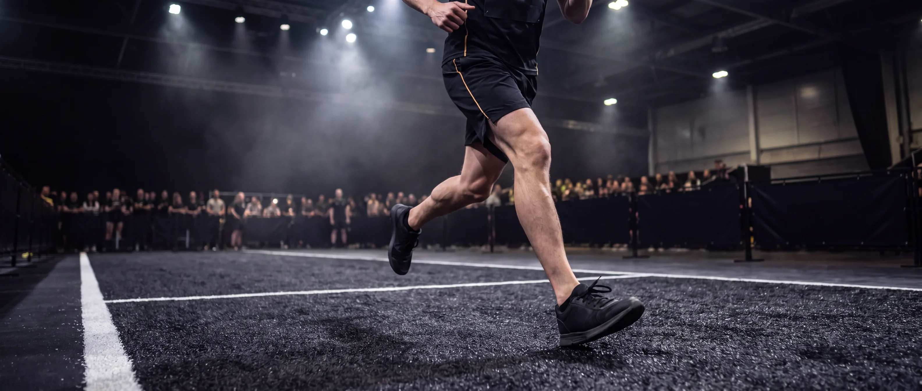 Athlete mid-stride on dark HYROX arena turf in plain unbranded black running shoes