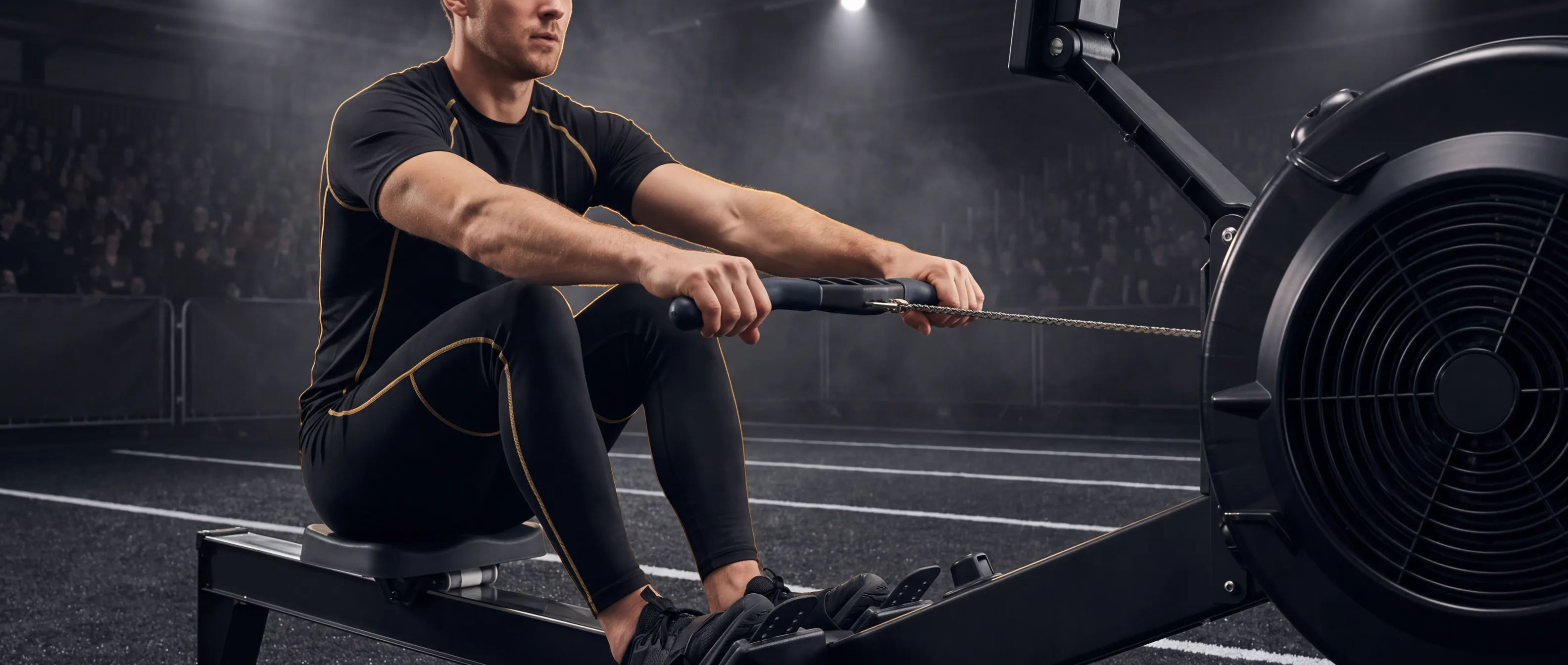 An athlete drives mid-stroke on a Concept2 RowErg in a dark HYROX arena