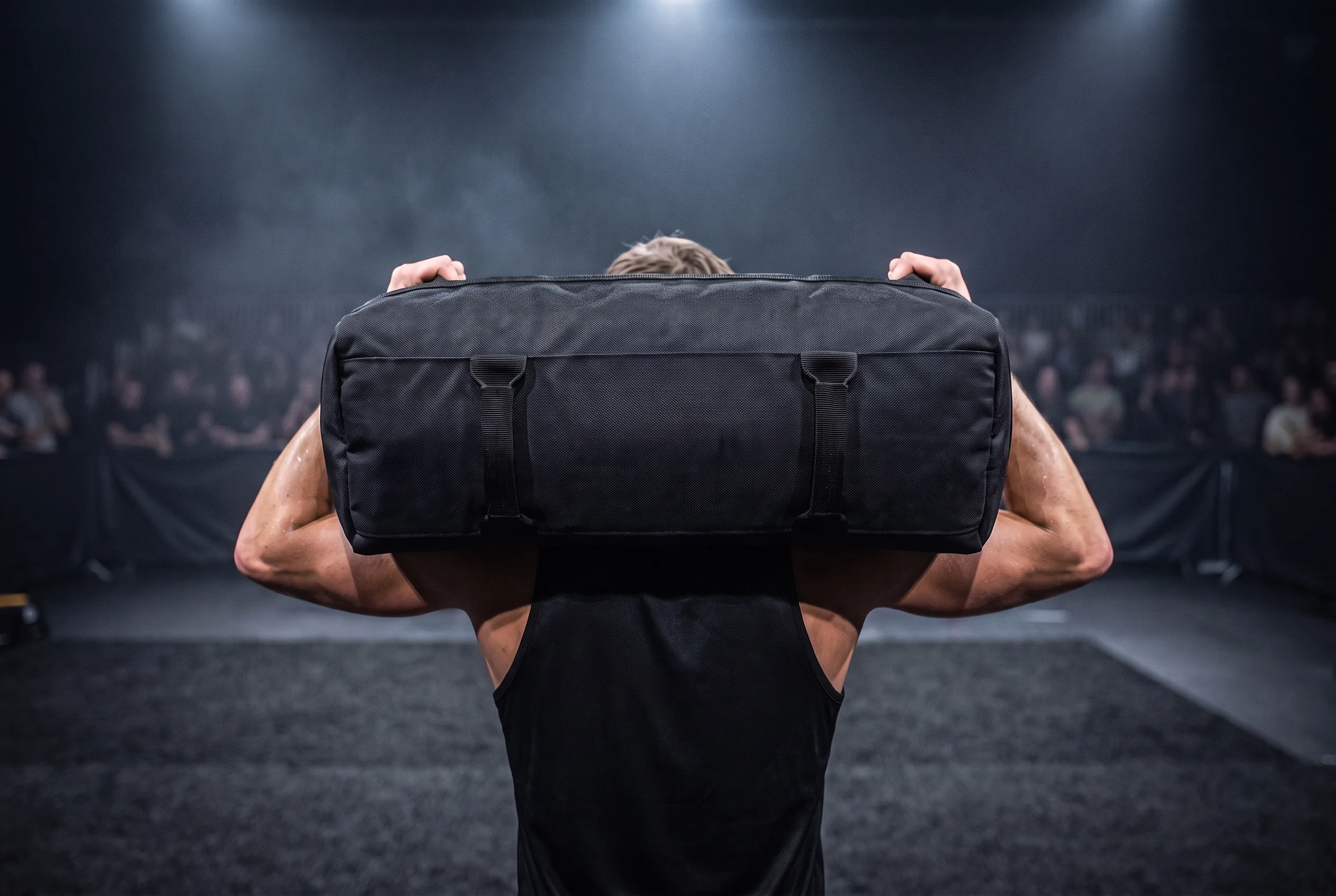 The flat HYROX sandbag seated squarely across an athlete's shoulders in the yoke position
