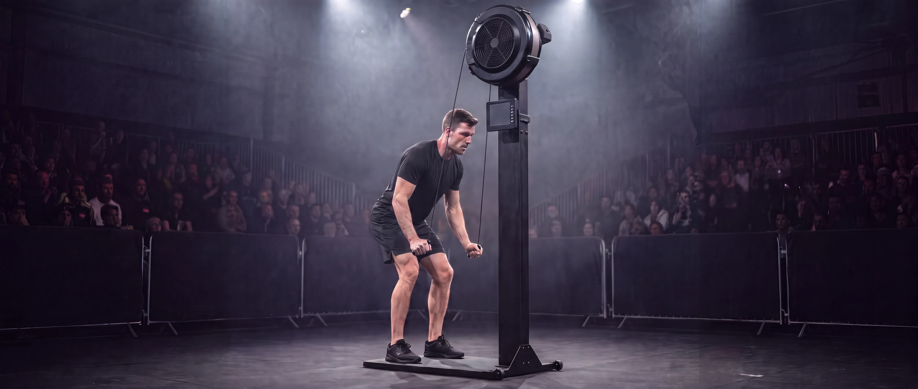 An athlete drives both SkiErg handles down past the hips in a competition arena