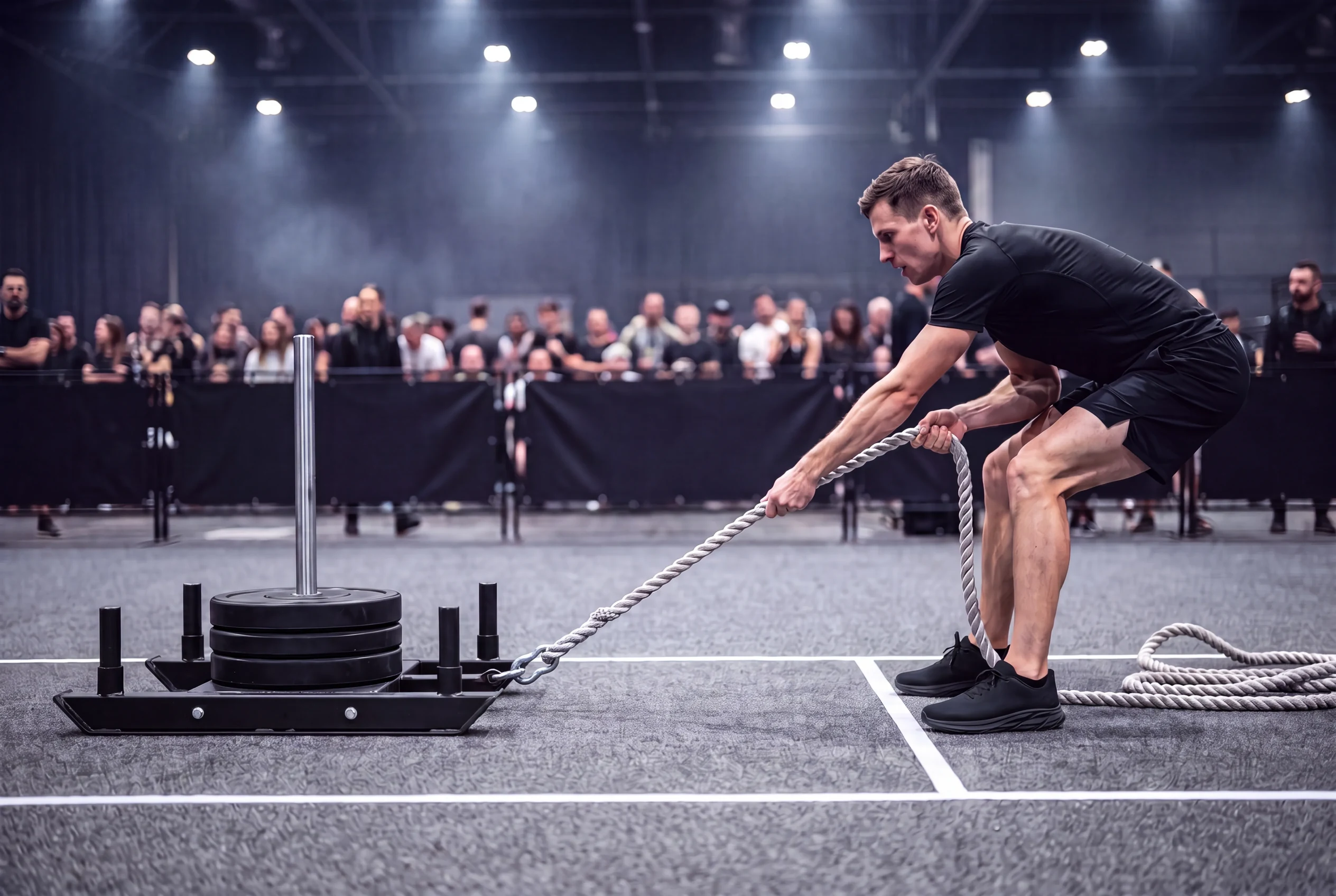 Close side view of straight locked arms and a deep hip hinge on the sled pull