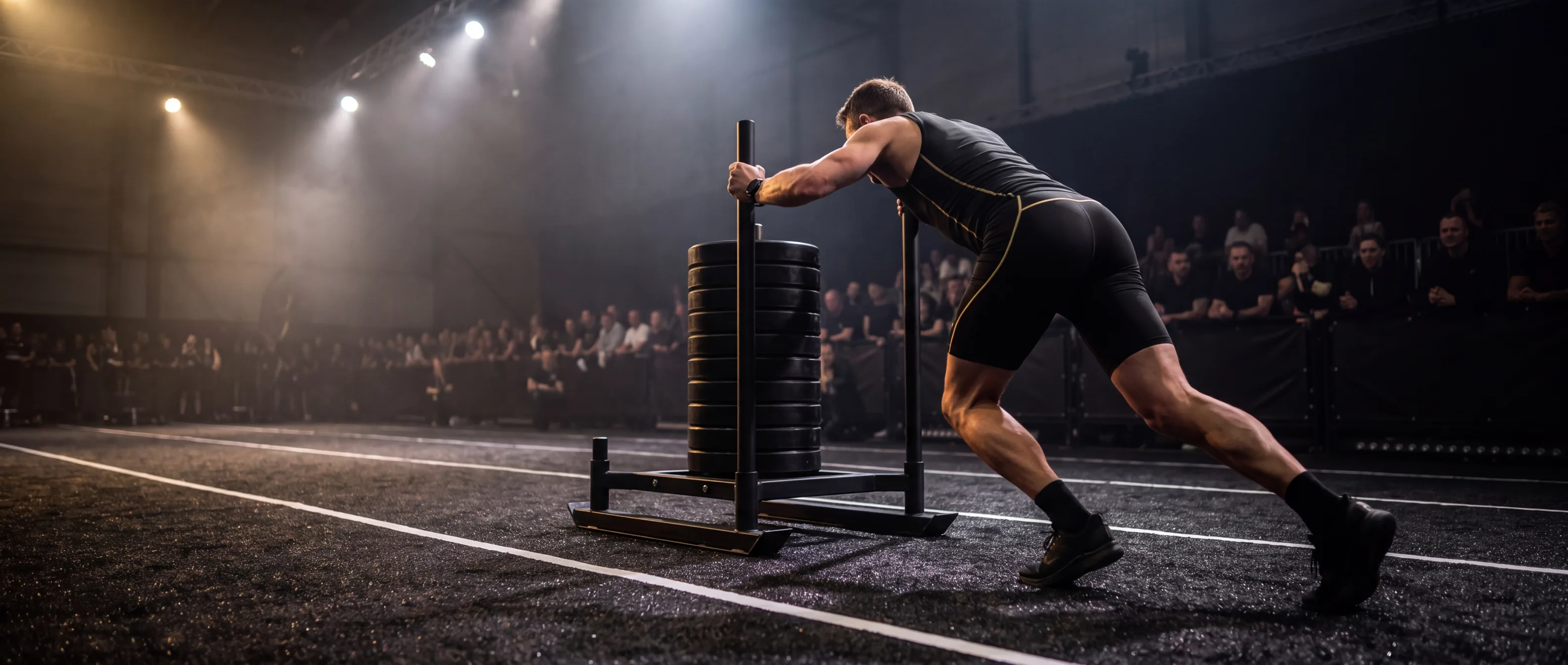 Athlete driving a loaded HYROX sled forward down a competition lane with a low forward body angle