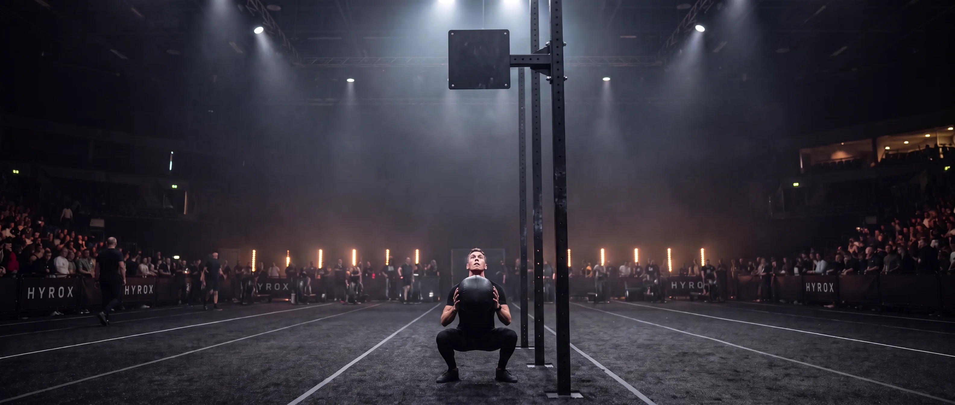 A HYROX athlete squats beneath the high wall ball target in a dark arena