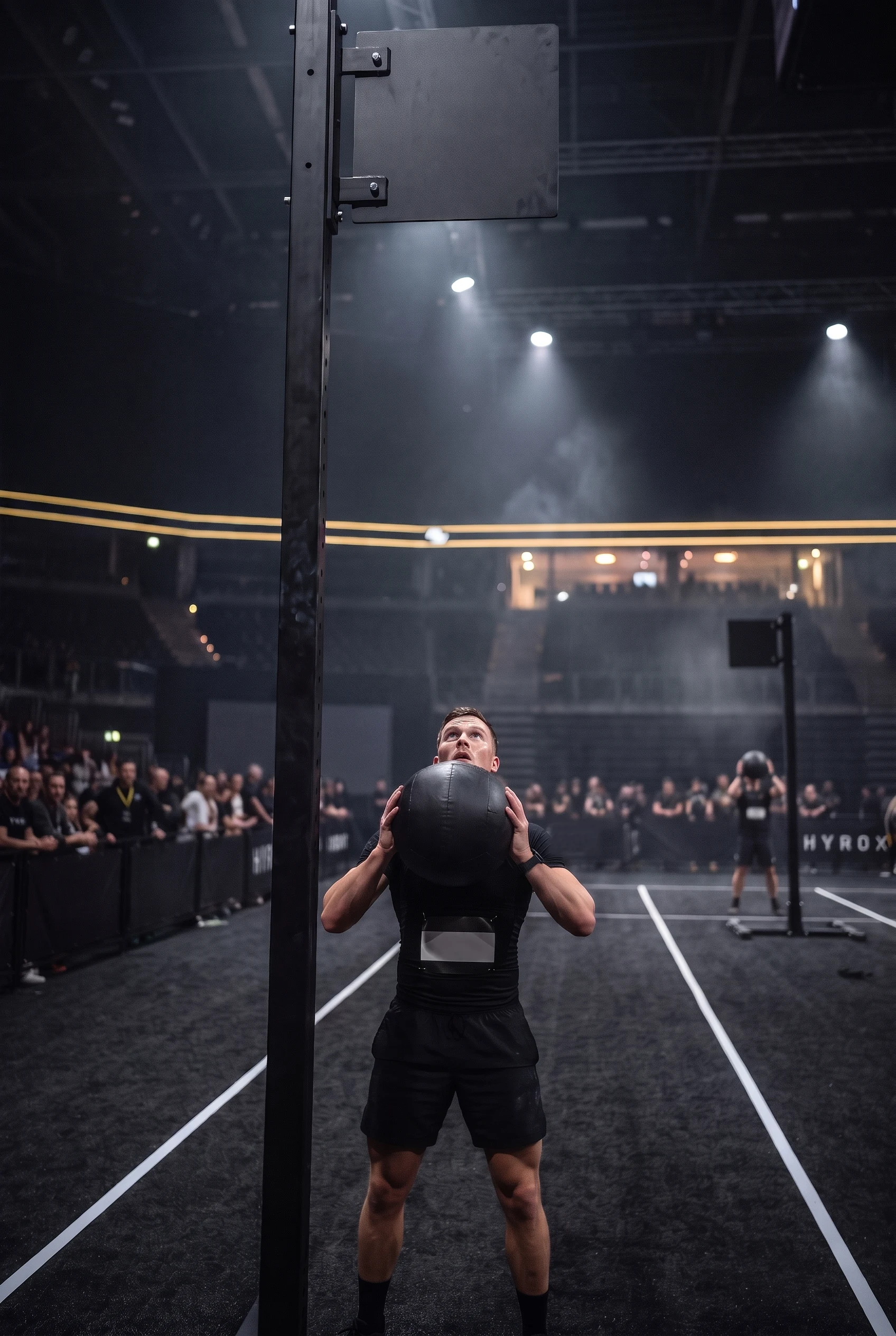 Low angle view up to the high HYROX wall ball target from a fatigued athlete