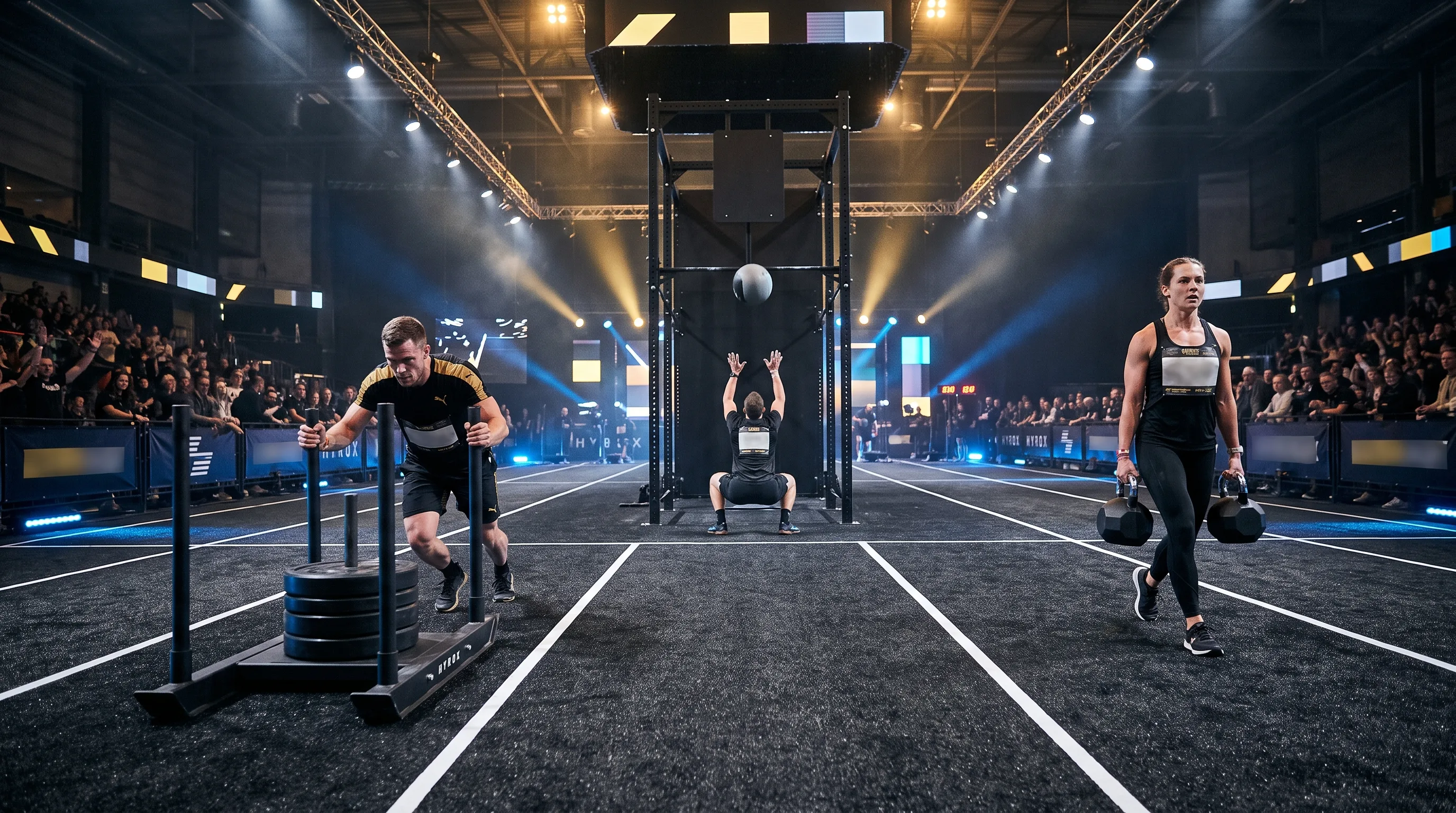Athletes competing across stations on a HYROX indoor race floor under gold spotlights