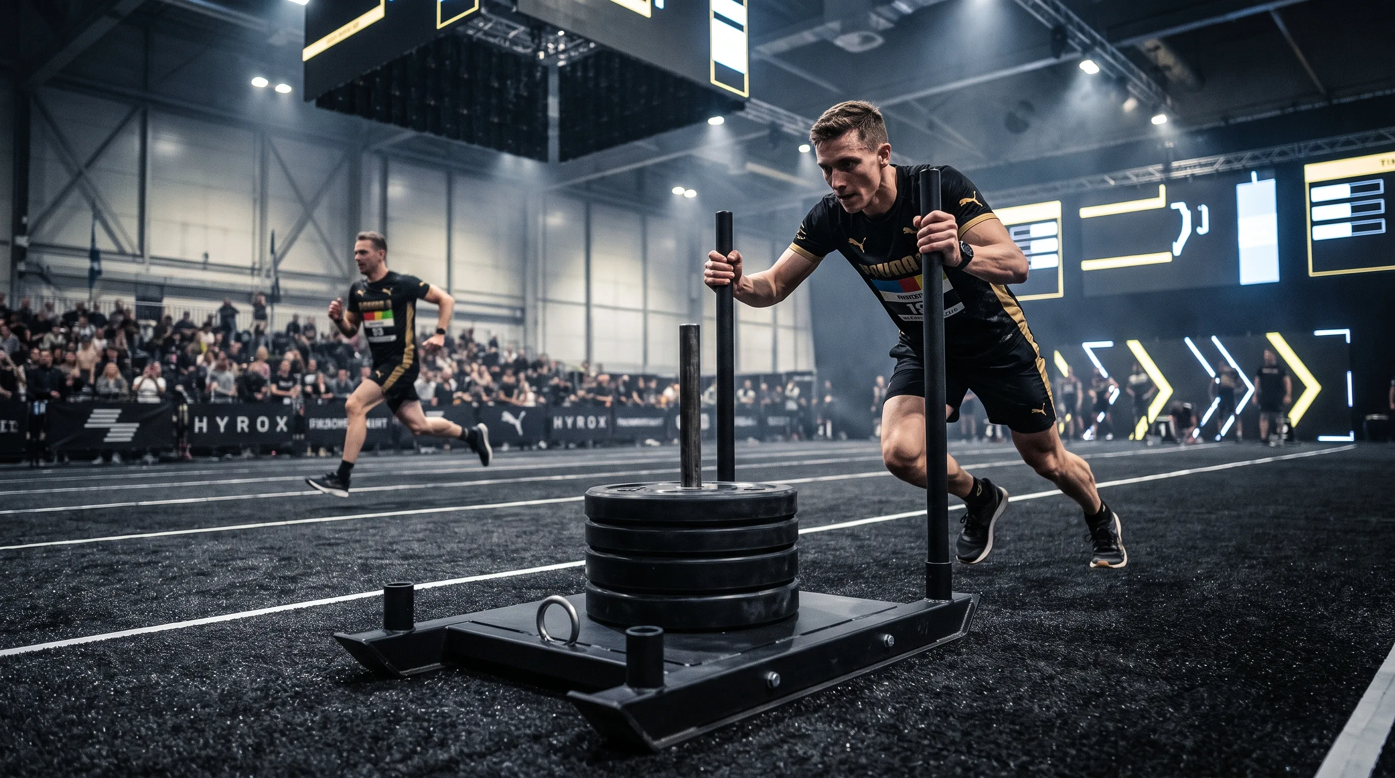 HYROX athlete driving a loaded sled while a runner passes on the track