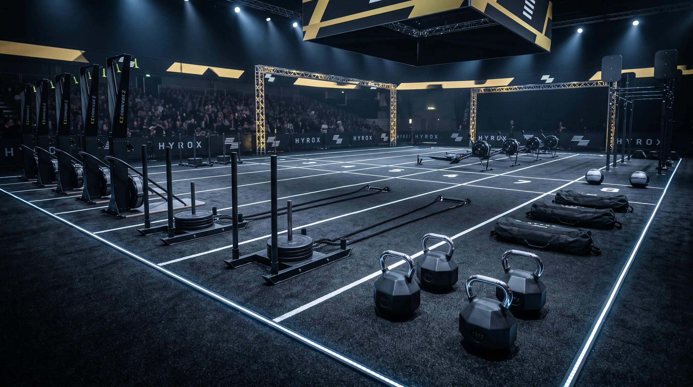 The 8 HYROX stations arranged in race order on a dark arena floor